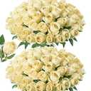 DREAMLOOM 50pcs Roses Artificial Flowers, Fake Roses Realistic with Long Stems Real Touch Silk Flowers Bouquet for Valentine's Day Wedding Anniversary DIY Floral Arrangement Gifts, Brunt Yellow