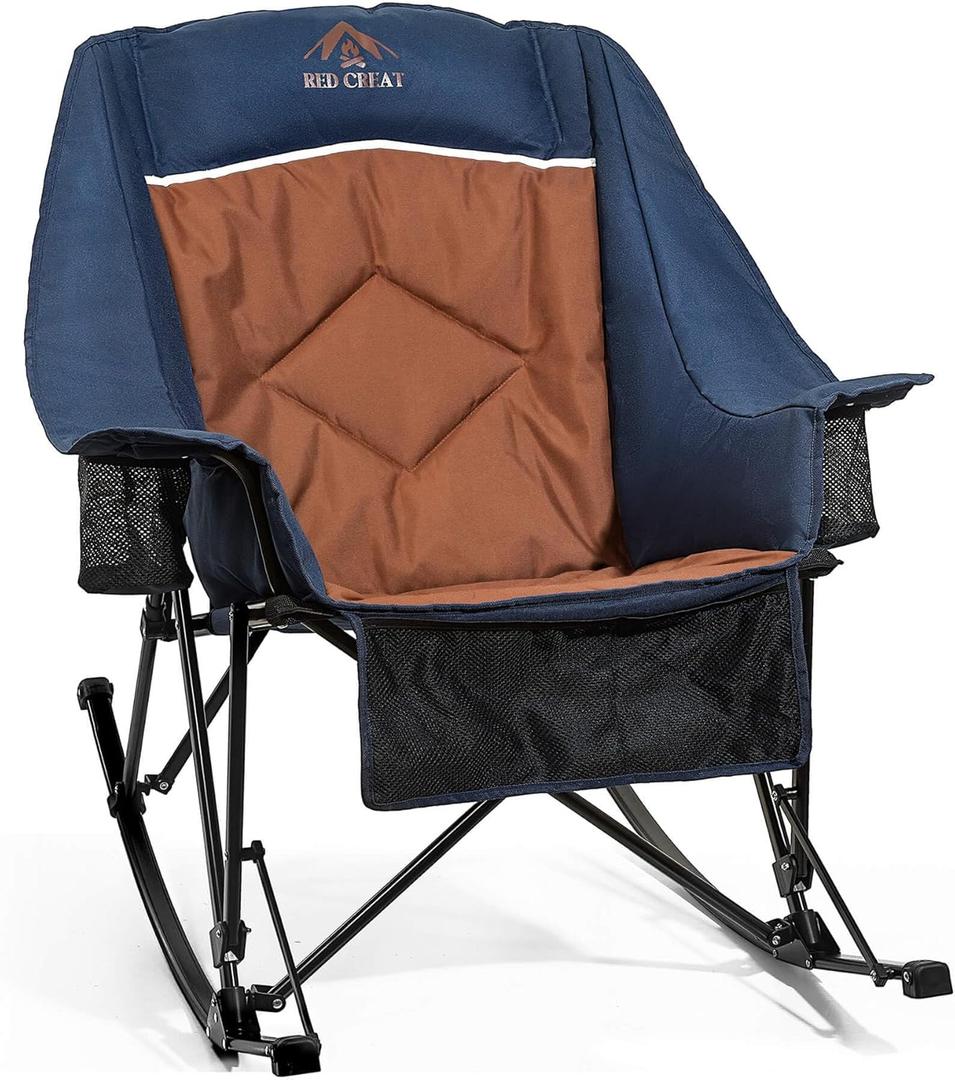 400lbs Rocking Camping Chair, Oversized Heavy Duty XL Folding Rocker for Adults, Padded High Back Big & Tall Support, with Cup Holders & Carry Bag for RV, Lawn, Patio & Sports (Navy)
