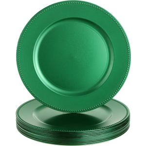 Gerrii 12 Pcs Metallic Bead Charger Plates 13 Inch Plastic Round Plates Bulk Wedding Beaded Chargers for Table Party Event Decoration(Green,Beaded)