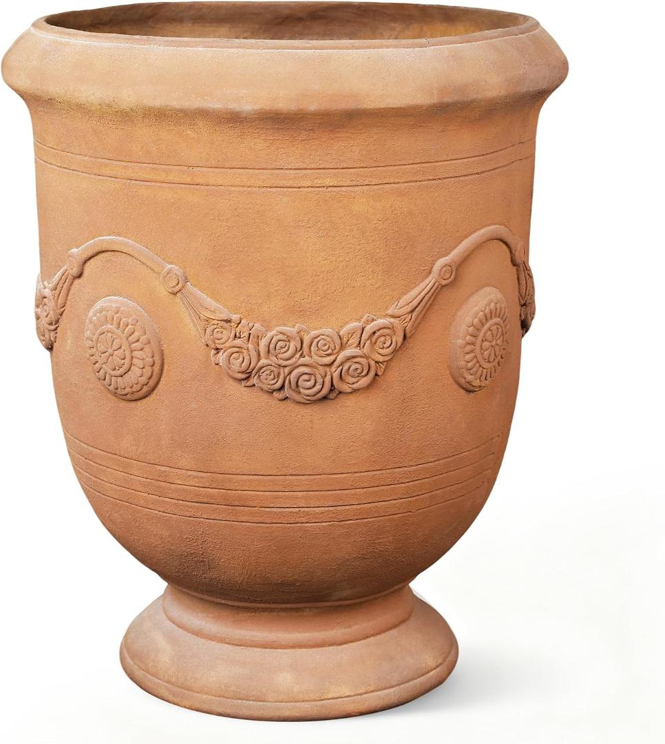 Planters for Indoor & Outdoor Plants, 16.5 Inch Large Magnesium Oxide Urn Planter with Drainage Hole, Decorative Unique Garden Plant Pots for Front Porch & Home Decor, Rust Color