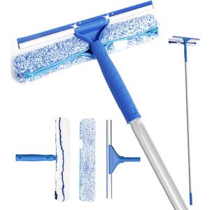 Squeegee for Window Shower Glass Door Cleaning, VOUBIEN Household Squeegee Window Cleaner 2 in 1 Kit with Long Handle, Microfiber Scrubber for Window, Glass Door, Car, Home Floor