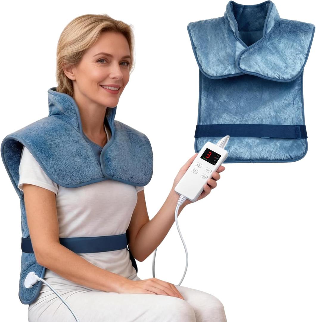 Heating Pad for Neck and Shoulders, Back Pain Relief, Electric Heating Pads with 6 Heat Levels & 4 Time Settings, Auto Shut-Off, Gift for Mom and Dad (Blue)