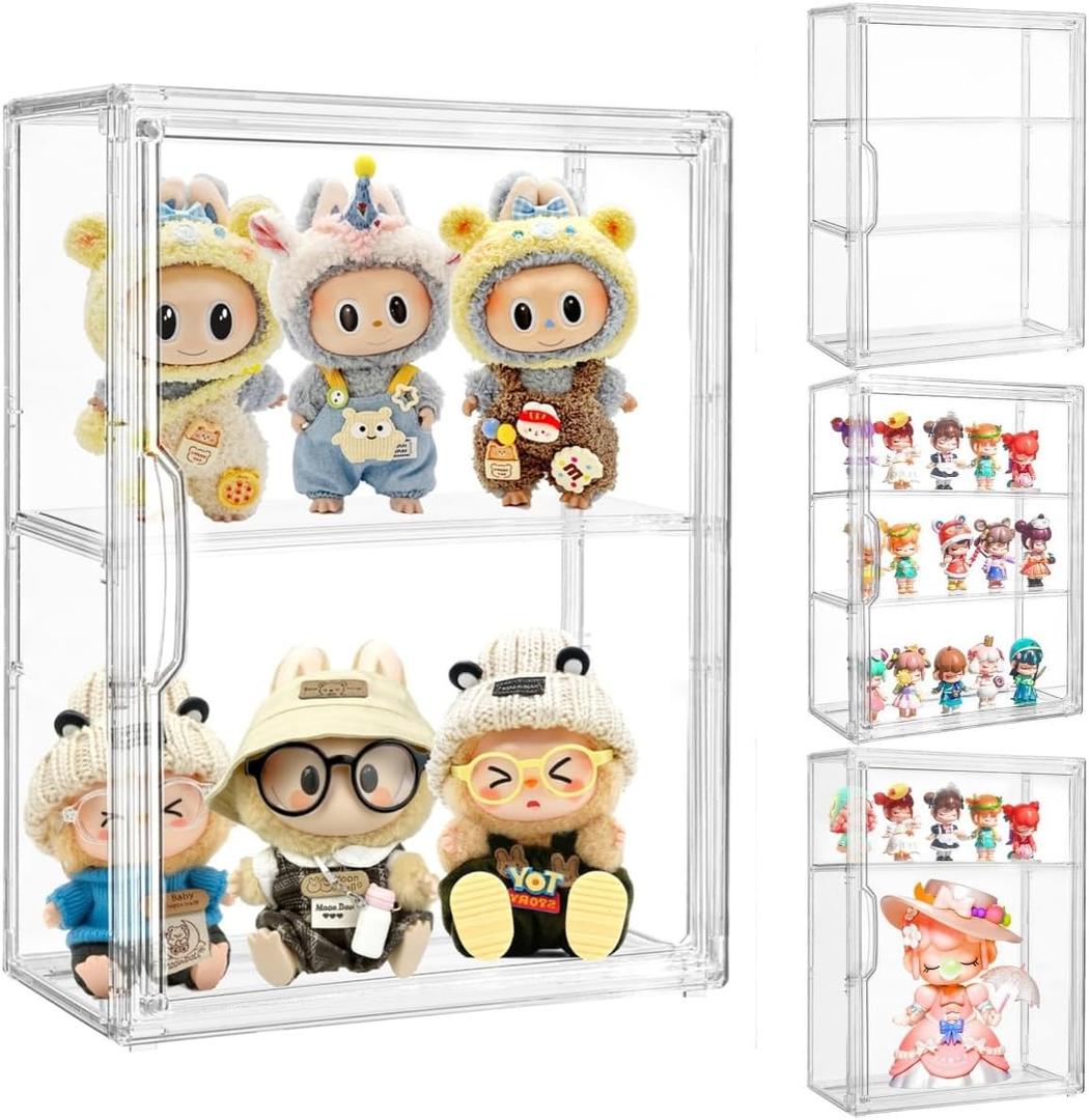 Attelite Acrylic Display Cases for Collectibles, 4 Pack 3 Layer Clear Display Case with Magnetic Door,Dustproof Clear Showcase with 2 Adjustable Divider Storage Box for Action Figure