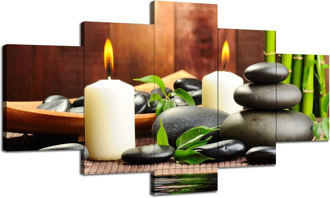 Spa Wall Art Zen Pictures Wall Decor Relaxing Art Canvas Print Massage Stones and Bamboo Poster Painting Framed Spa Salon Bathroom Decoration 5 Pieces Ready to Hang(60''Wx32''H)