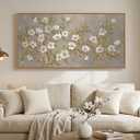 Large Framed Neutral Botanical Wall Art for Living Room, Rustic Elegant Magnolia Floral Canvas Prints Paintings, White Flower with Gold Branches Pictures for Dining Room Office Wall Decor, 60x30 Inch