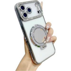 Caseative Electroplated Glitter Bling Sparkle Diamond Ring Bracket Mirror Clear Magnetic Case for iPhone, Compatible with MagSafe Wireless Charging (Silver,iPhone 17 Pro Max)