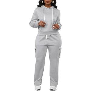 LovelyWholesale Women's Sweatsuits 2 Piece Set Hoodies and Cargo Sweatpants Sets Grey X-Large
