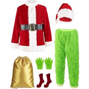 Christmas Costume for Men Adult Santa Claus Suit 7PCS Green Furry Monster Deluxe Xmas Halloween Cosplay Outfit, 4XL