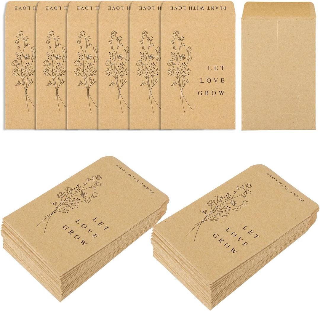 Whaline 200 Pack Wedding Favor Seed Packets Spring Summer Self-Adhesive Let Love Grow Retro Kraft Envelope Rustic Small Flower Seeds Storage Packets for Garden Wedding Party Favors, 3.5 x 2.4 Inch (brown)