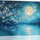 2 x Large Flower Canvas Wall Art Landscape Botanical Painting Blue Plum Flowers Pictures Big Florals Moon Wall Decor Huge Plum Artwork Over Bedroom Modern Home Decorations for Living Room Office 24"x16"