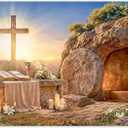 Fabric 7x5ft Easter Jesus Empty Tomb Photography Backdrop He is Risen Christ Cross Resurrection Holy Light Stone Background Christian Church Party Decorations Photo Props