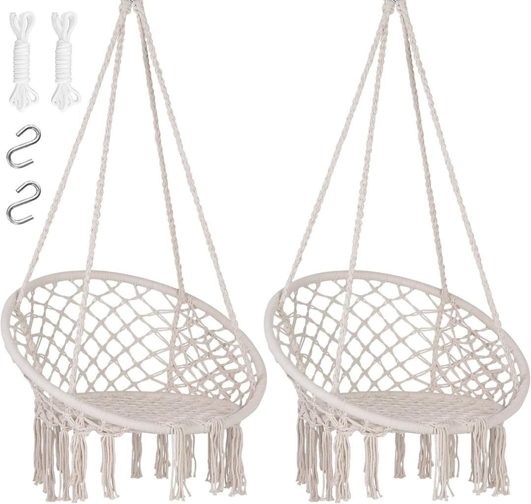 SUNCREAT Hammock Chair Macrame Swing with Side Pocket, Hanging Cotton Rope Hammock Swing Chair for Indoor and Outdoor Use, 330 lbs Capacity, Pack of 2, Beige