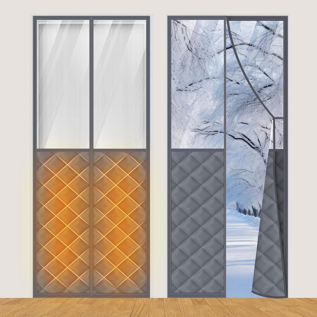 2 Sets Magnetic Thermal Insulated Curtains for 38" x 83" Doors with Clear Window Winter Thicken Quilted Oxford Cotton Waterproof Door Cover for Cold Weather(Grid, Transparent Gray)
