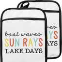 Lake Gifts Pot Holders with Pockets, Lake House Life Gifts for Women, Boat Waves Sun Rays Oven Pot Holders Heat Resistant Oven Mitts Hot Pads for Kitchen Baking Cooking