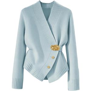 Verdusa Women's Elegant Metal Button Down Cardigan Wrap V Neck Long Sleeve Knitted Sweaters Blue Medium