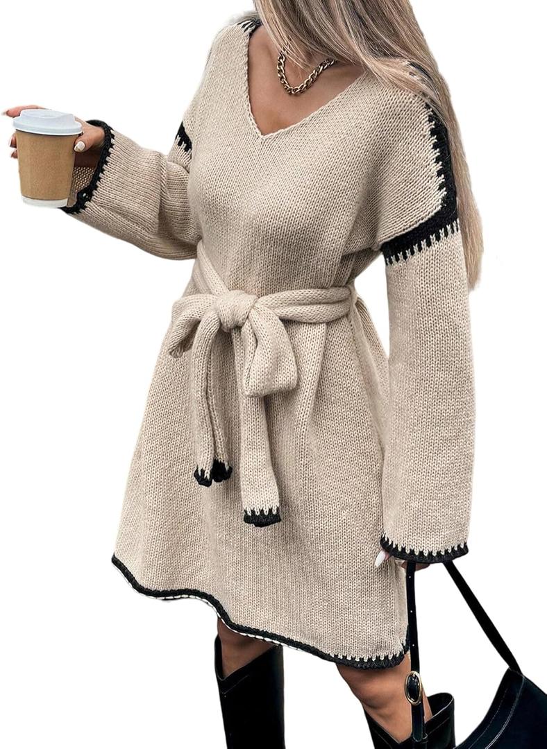 Womens Color Block Sweater Dress with Belt, Rolled Hem, Long Sleeve, V Neck, Knee Length, A Line, Oversized Knit Dress Fall (Beige) M