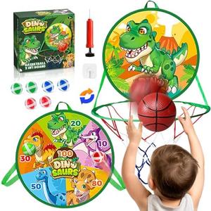 Basketball Hoop, 14" Mini Basketball Hoop for Toddler Indoor Outdoor Play Dart Board for Kids 2 in 1 Toddler Toys Dinosaur Birthday Party Favors Kids 3 Years Old, Green T-rex Yellow