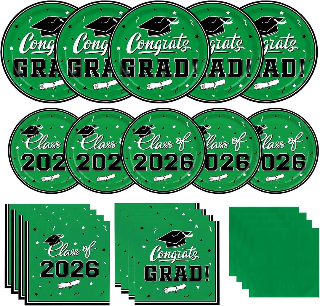 Graduation Party Plates and Napkins Gatherfun 2026 Graduation Party Supplies Green Disposable Paper Plates Luncheon Napkins Cocktail Napkins for Congrats Grad Party Decorations, Serve 50