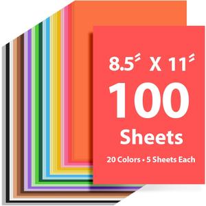 100 Sheets Colored Cardstock 8.5 "x 11", 65LB 180GSM Craft Bulk Construction Paper, 20 Assorted Colors Card Stock Paper for School & Office, Card Making Printer Scrapbook Decorations DIY Crafts