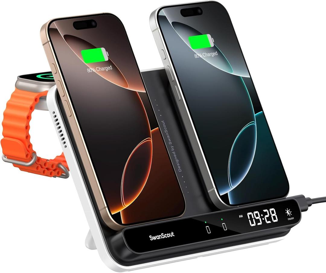 Dual Phone Charger, SwanScout 710A, Wireless Charger for iPhone 16/15/14/13/12/11/8/X Series, for Apple Watch 10/9/8/7/6, Ultra 2/Ultra, for AirPods 4/Pro 2/Pro/3