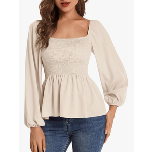 Umenlele Women's Long Sleeve Square Neck Shirred Ruched Ruffle Peplum Blouse Shirt Tops XL