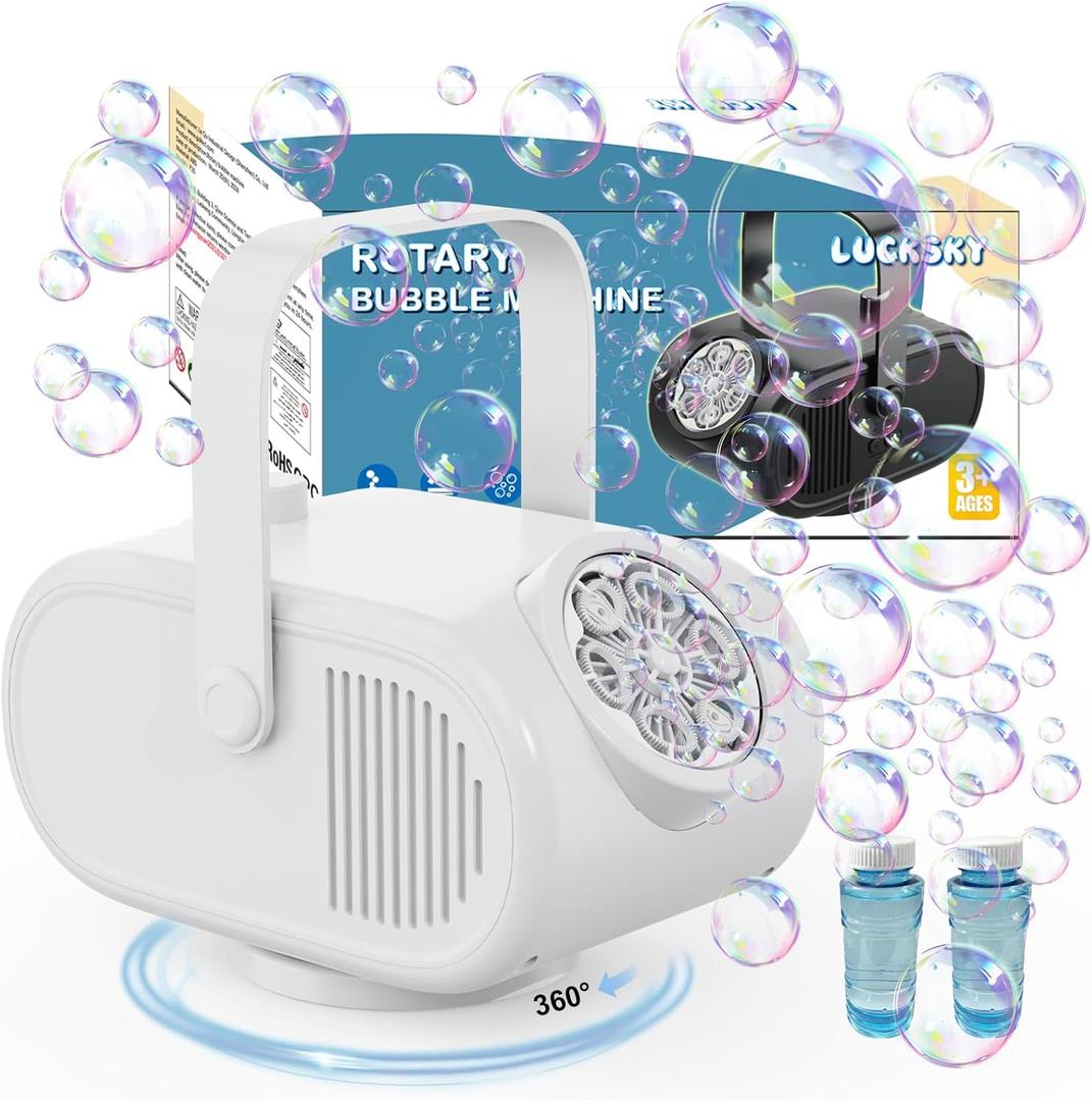 Bubble Machine for Kids Toddlers, Automatic 90/180/360 Rotating Bubble Blower 22000+ Bubbles Per Minute, Bubble Maker Outdoor Toys for Kids, Pets, Indoor Outdoor Parties-Black (White)