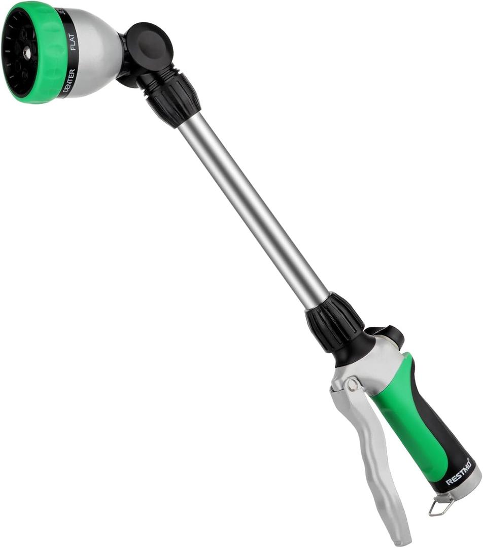 RESTMO Metal Watering Wand, Heavy Duty Garden Hose Wand with 180 Swivel Ratcheting Head, 16-Inch Hose Nozzle Sprayer with 7 Spray Patterns and Flow Control, Ideal to Water Hanging Baskets and Shrubs (Green)