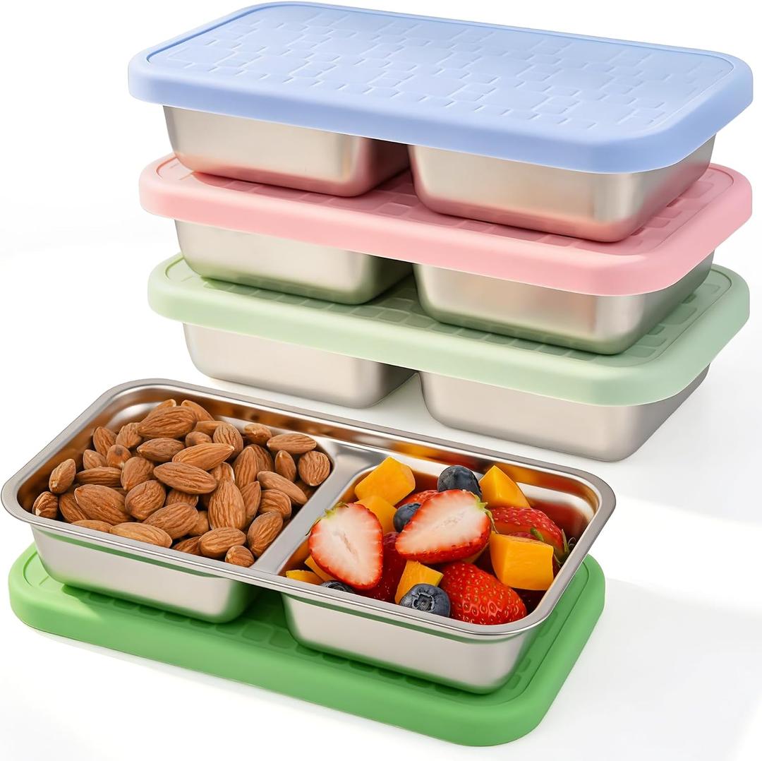 4 Pack 14 oz Stainless Steel Snack Containers, 2 Compartment Leakproof Metal Bento Box with Silicone Lids, Divided Food Storage for Meal Prep, Portion Control, Lunch, Travel, Camping