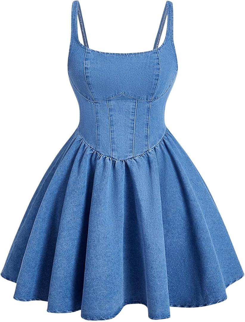 WDIRARA Women's Casual Square Neck Denim Dress Ruffle Hem A Line Mini Dress (Blue), Size L
