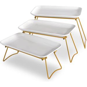 HAPPY KIT 3 Tier Serving Tray Set with Gold Freely Combinable Rack,12 Inch Tiered Tray Stand,Widened Porcelain Platters,Decor Cupcake Stand for Christmas Party Display,Dessert Trays Collapsible (12.5" x 17" x 8.5")