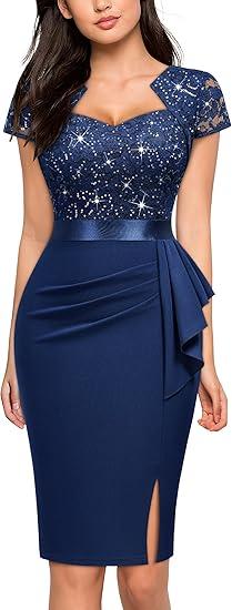 Miusol Women's Elegant Square Neck Glitter Sequin Lace Cocktail Dress (X-Large, Blue)