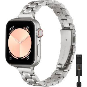 STIROLL Thin Replacement Band Compatible for Apple Watch 38mm/40mm/41mm/42mm, Metal Wristband Women Men for iWatch Ultra SE Series 10, Titanium