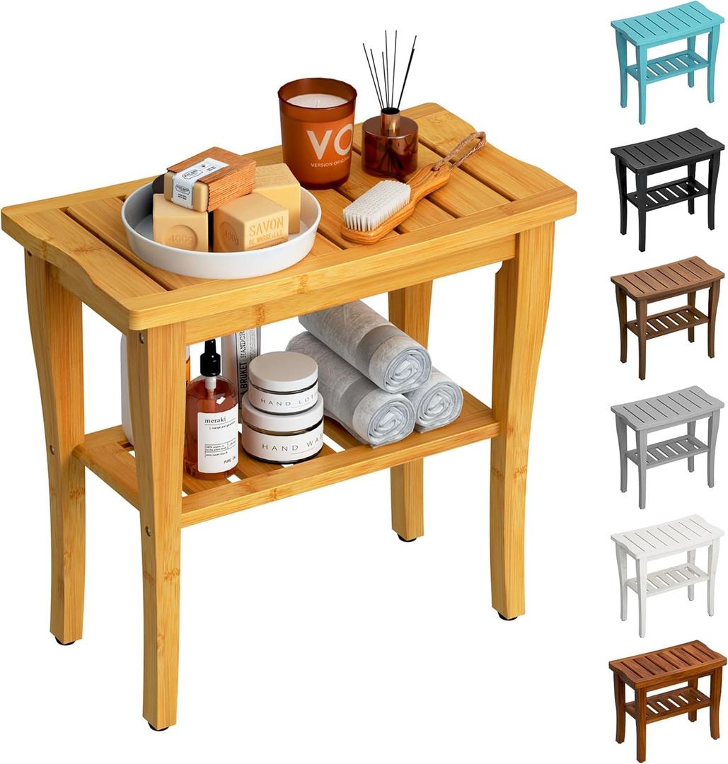 Bamboo Shower Bench Stool with Storage Shelf, Waterproof Shower Chair Spa Bath Seat, Shower Stool for Inside Shower, Bathroom Bench Seat for Adults Elderly Seniors for Indoor or Outdoor Use (Natural)