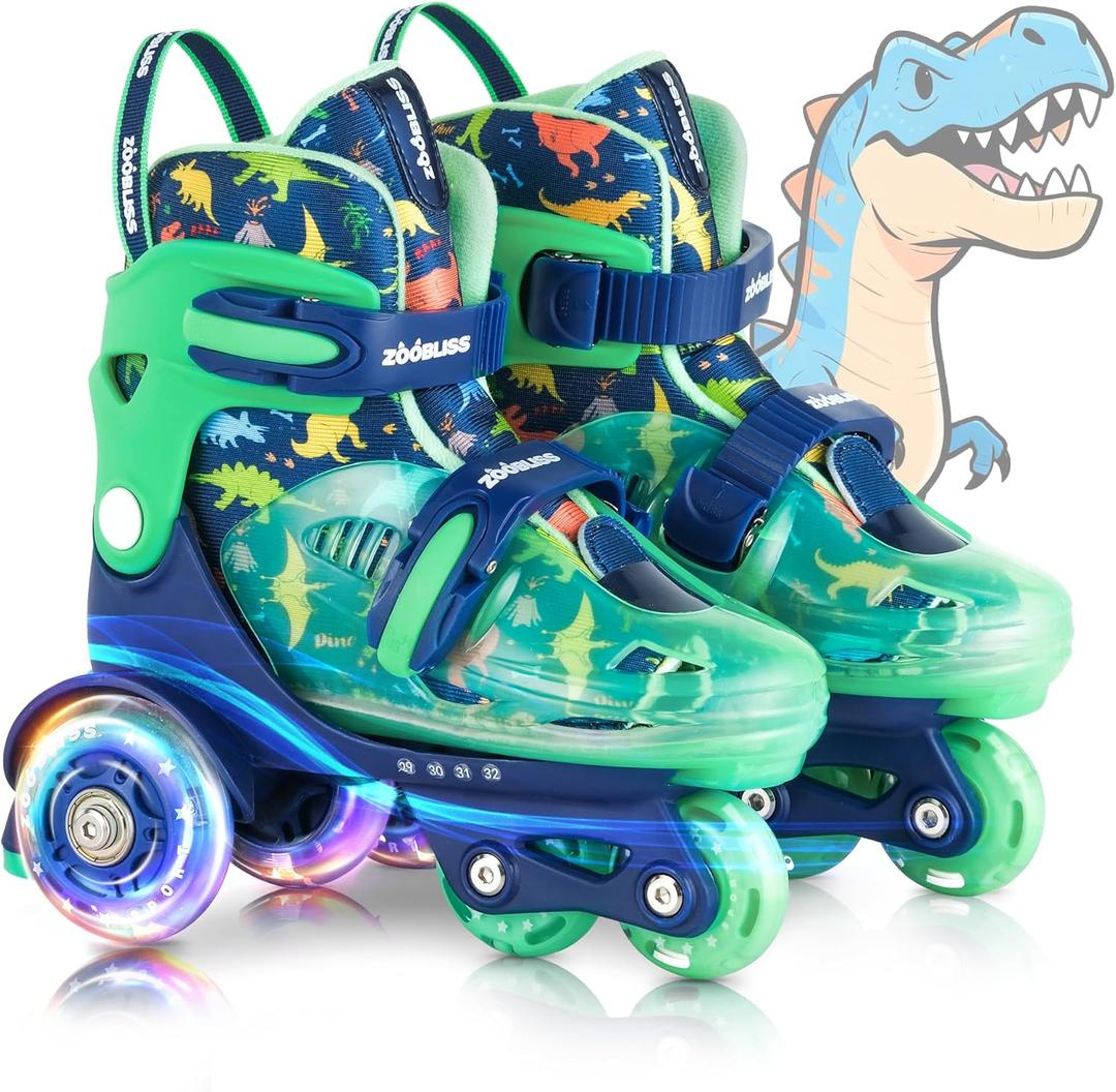 Kids Roller Skates for Beginners - ZOOBLISS Toddler Roller Skates for Boys and Girls Ages 3-7 with Light-Up Wheels & 4 Adjustable Sizes, Tri-Wheel Training Skates for Kids (Small(11C-1Y US), Dinosaur Blue)