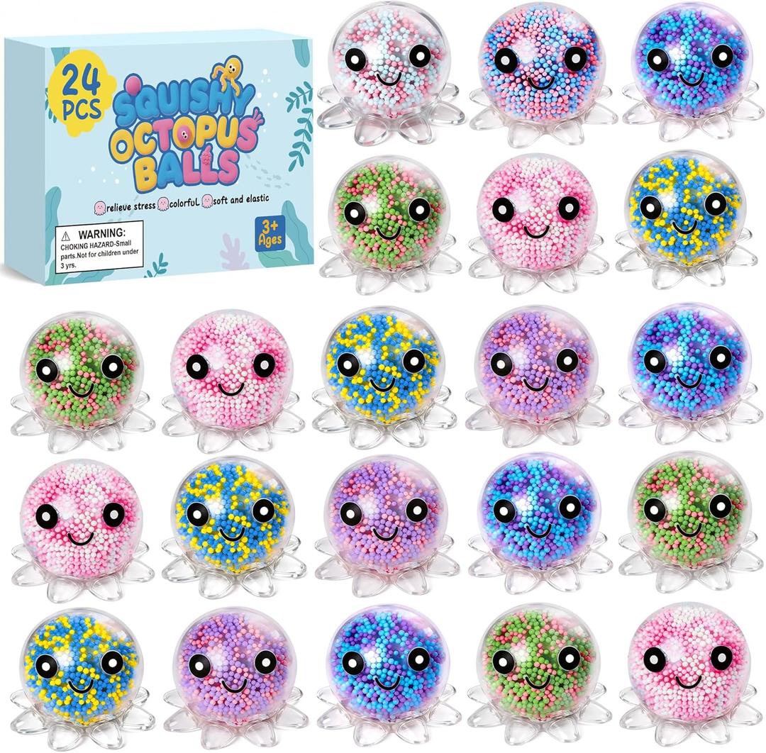 24 Pack Octopus Stress Balls Set for Kids Adults, Cute Squishy Squeeze Fidget Toys for Anxiety Stress Relief, Perfect Party Favors Easter Basket Stuffers Birthday Gifts