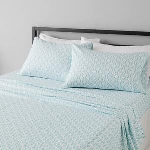 Amazon Basics Lightweight Breathable Brushed Microfiber 4-Piece Bed Sheet Set with 14-Inch Deep Pockets, Wrinkle Resistant, Queen, Aqua Fern, Printed