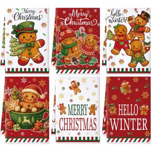 Hahafelt 6 Pcs Christmas Kitchen Towels Gingerbread Towels Decorative Hand Towel Funny Gingerbread Cooking Tea Cloths Housewarming Gifts Kitchen Bathroom Decor 24 x 16'' (Red)