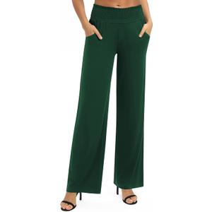 Women's Loose Straight Leg Palazzo Pants High Elastic Waist Causal Trousers with Pockets (Medium, Dark Green)