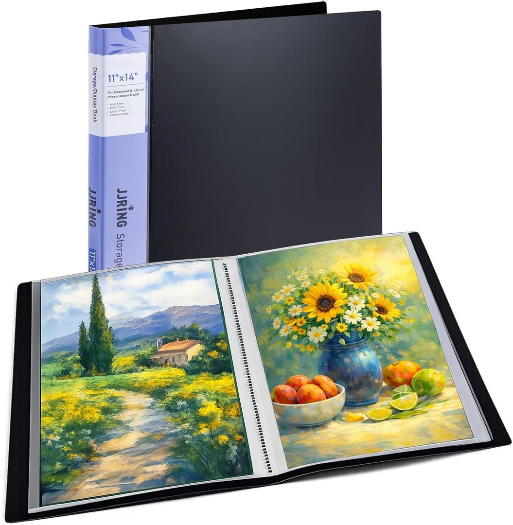 JJRING 11x14 Art Portfolio Folder with Plastic Sleeves, 24-Pocket Portfolio Binder Displaying 48 Pages, Presentation Book with Black Inner Paper for Artwork Storage, Black