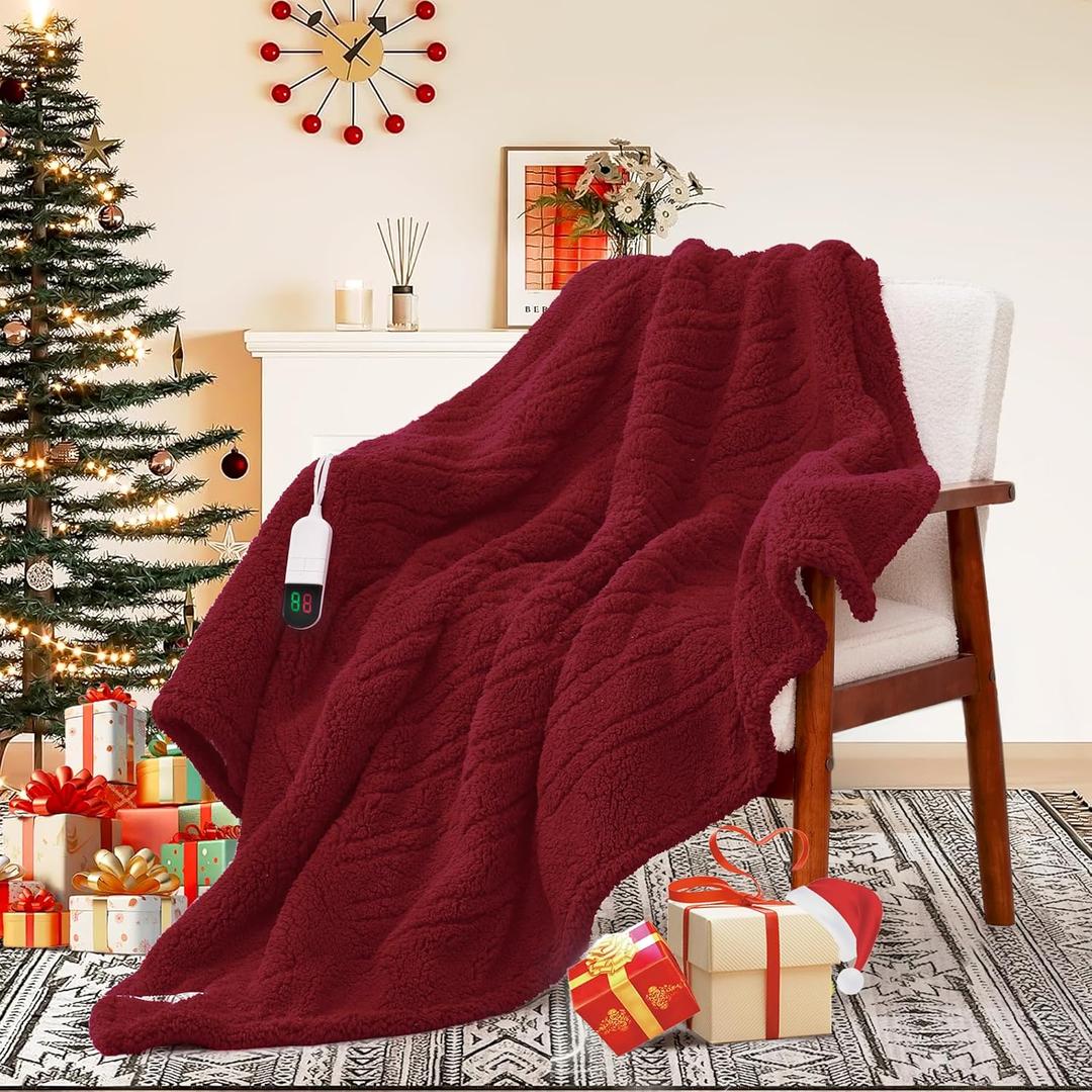 MAXEVE Heated Blanket Electric Throw 50"x60" Soft Double Sided Sherpa Heating Blanket with 8 Fast Heating Levels & 1-8H Auto-Off,Over-Heat Protection,Machine Washable,ETL Certification,Christmas Red (Wine)