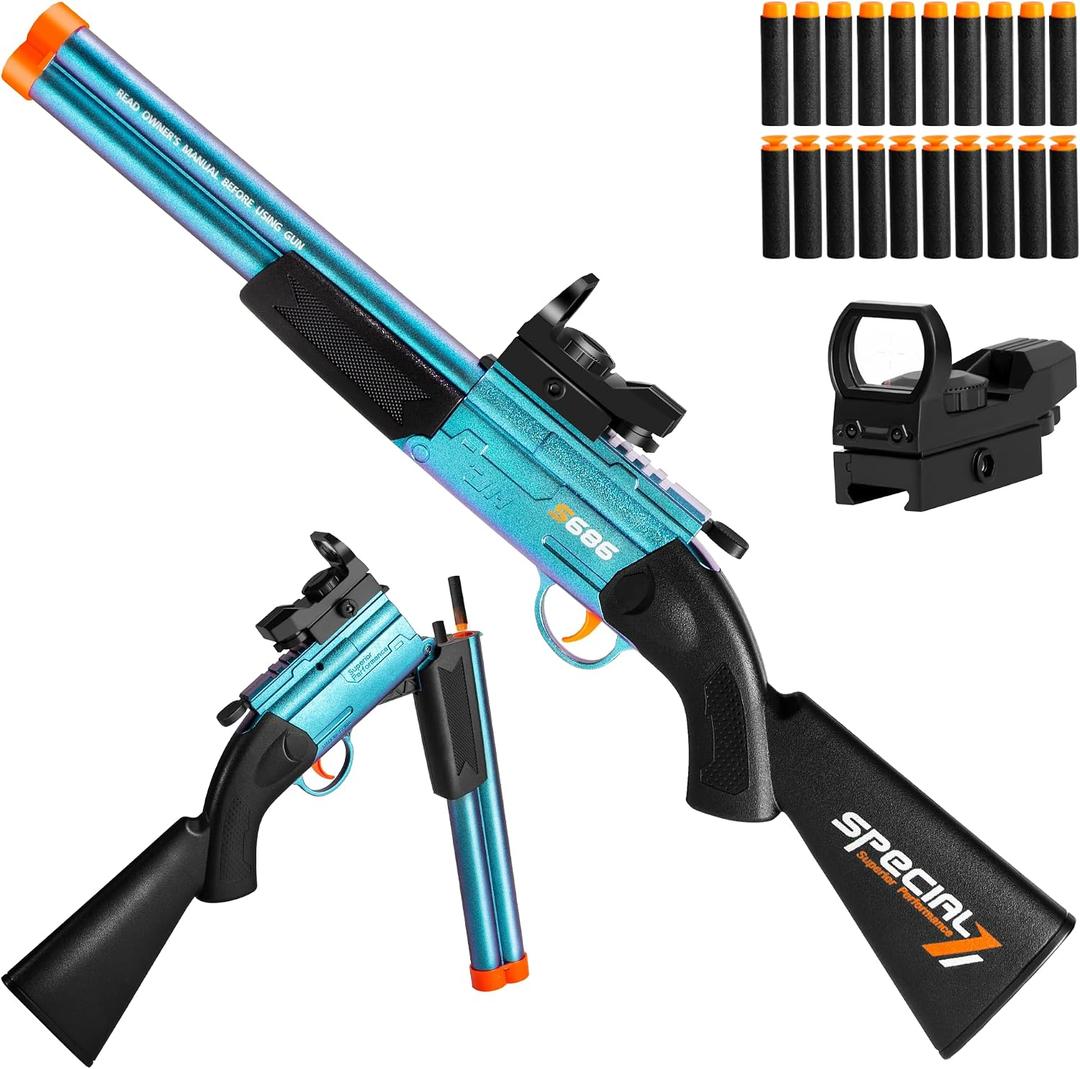 Toy Gun Double Barrel Shotgun Toy,with 20 Soft Bullet Darts, Toy Foam Blaster Foam Dart Blaster with Scope for Kids, Youth, Teen, Boys-Holiday for 8-12 Year (Blue), Small
