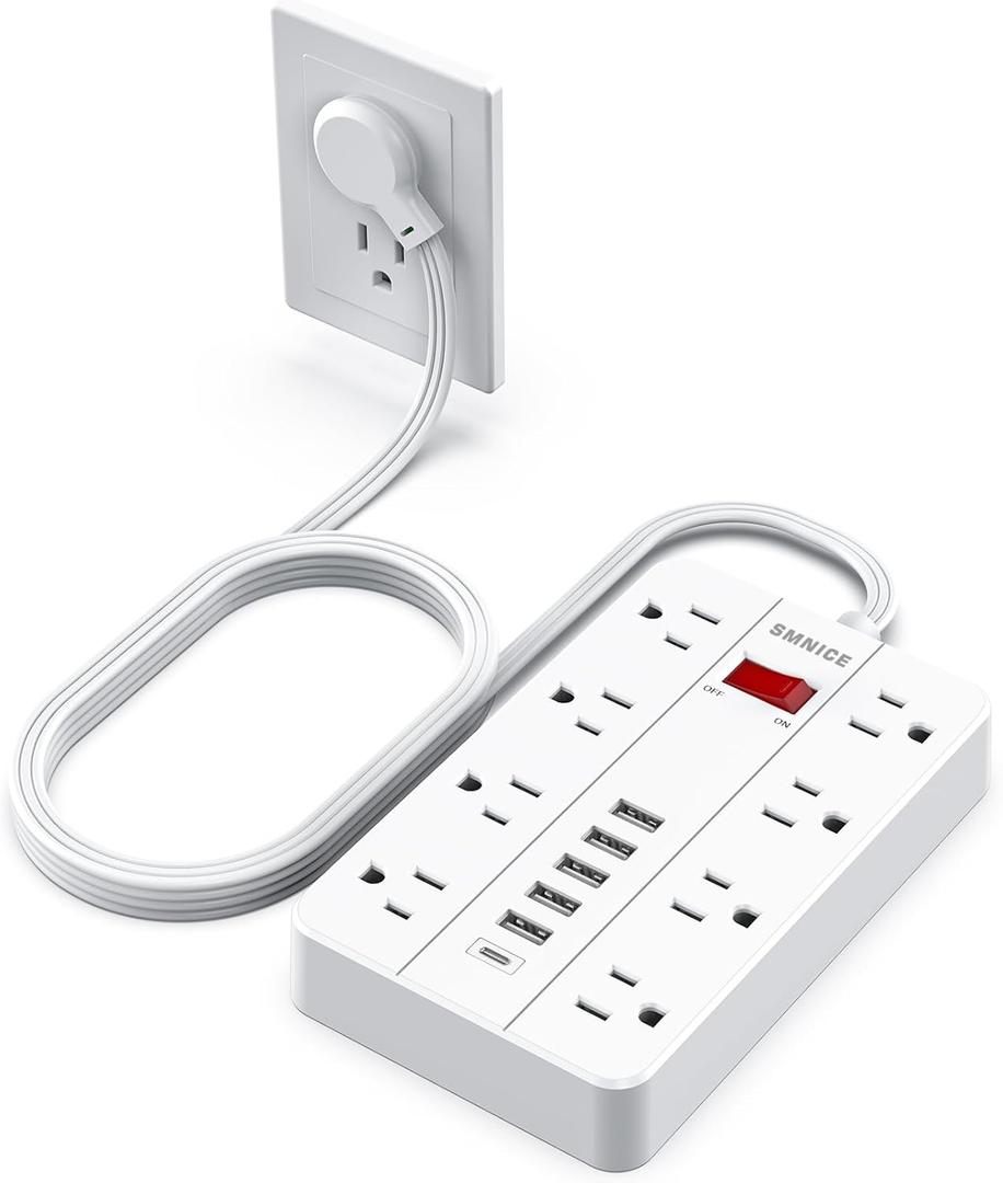 Power Strip with USB,Surge Protector Flat Plug with 8 Widely Spaced Outlets and 6 USB Ports(1 USB C), 5ft Extension Cord Wall Mountable Phone Tablet Laptop Computer Multiple Devices (White)