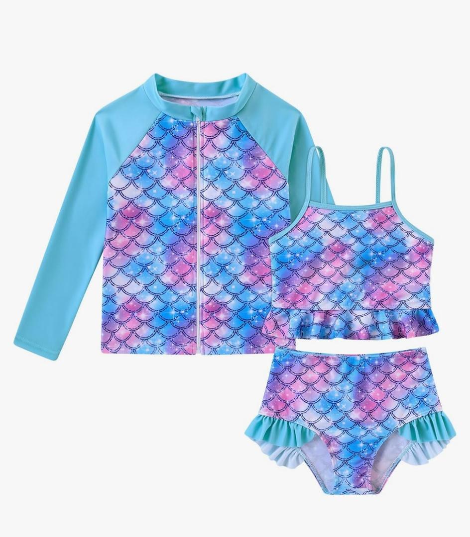Funnycokid Girls Swimsuit Kids Bathing Suit 3-7 Years Rashguard Swimwear Long Sleeve 3 Piece Toddler,5Y