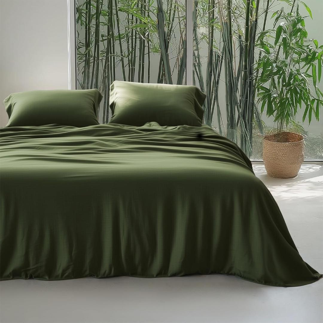 Bedsure 100% Rayon Derived from Bamboo Duvet Cover Queen Size - Lightweight Silky Cooling Comforter Cover Set for Hot Sleepers, Breathable & Moisture-Wicking Bedding Set, Olive Green (Queen (90" x 90"))