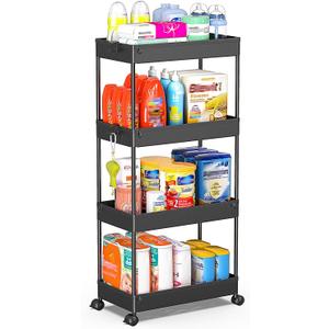 SPACEKEEPER Storage Cart 4-Tier, Bathroom Rolling Cart Utility Storage Organizer Shelf Mobile Shelving Unit for Kitchen Living Room Bathroom Laundry Room & Dressers, Black
