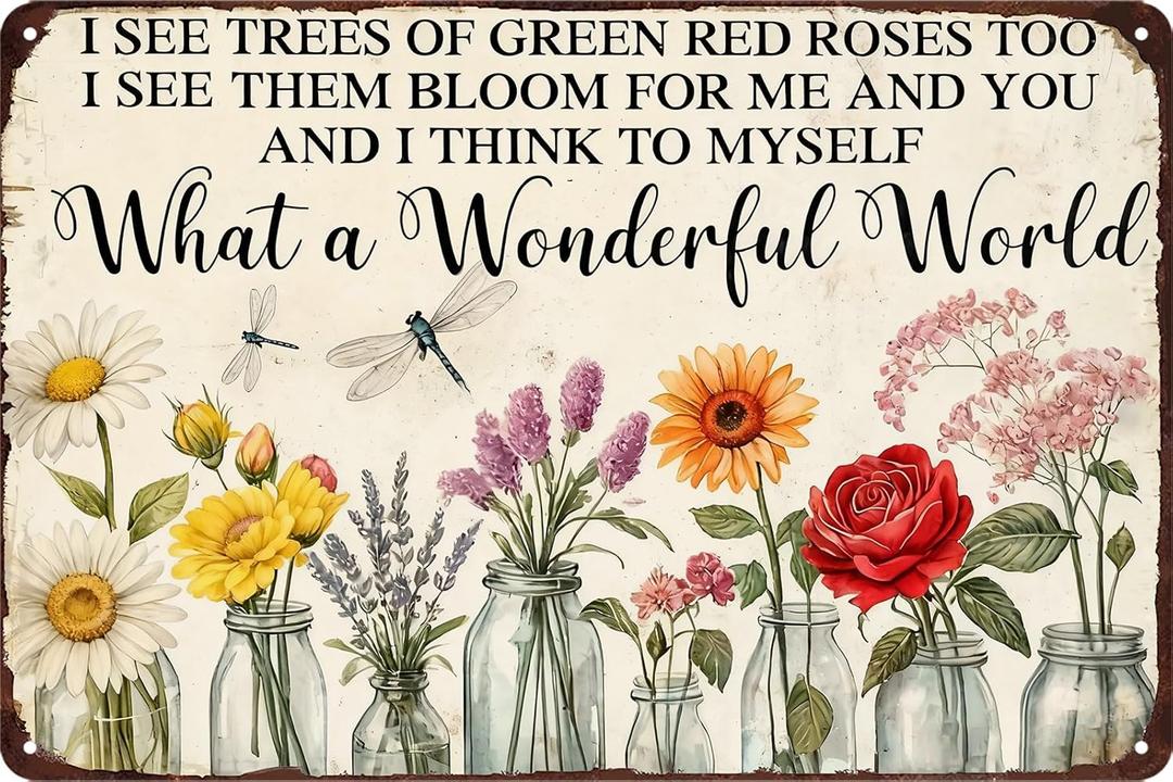 Garden Signs for Outside Gardening Wall Art Decor Funny Garden Metal Tin Sign Decorative Outdoor Gardening Gifts for Women Vintage What A Wonderful World Tin Sign Dragonfly Decor for Farm Home 8x12 In