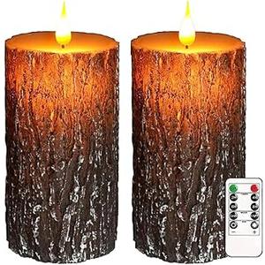 Set of 2 VEEKI Flameless Candles Lights, 6"x3" Pine Bark Flickering LED Candles with Remote & Timer, Dimmable Pillar Candles Battery Operated, Real Wax Electric Candle for Christmas Winter Home Decor, Brown
