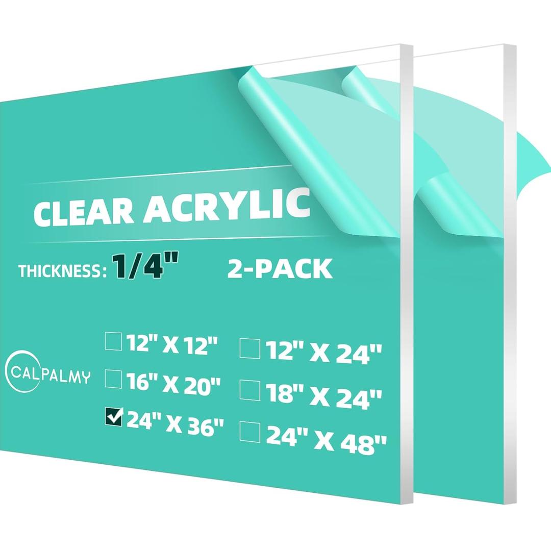 CALPALMY (2-Pack) 24 x 36 Clear Acrylic Sheet Plexiglass 1/4 Thick; Use for Craft Projects, Signs, Display Cases, Sneeze Guard and More; Cut with Cricut, Engraver, Power Saw or Hand Tools (24x36", 1/4" Thick)