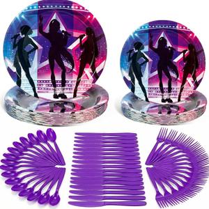 120 Pcs Kpop Birthday Decorations for 24 Guests - Purple Blue Music Theme Party Supplies with Plates Cutlery - Stage Light Design Tableware Set for Fan Gatherings and Events