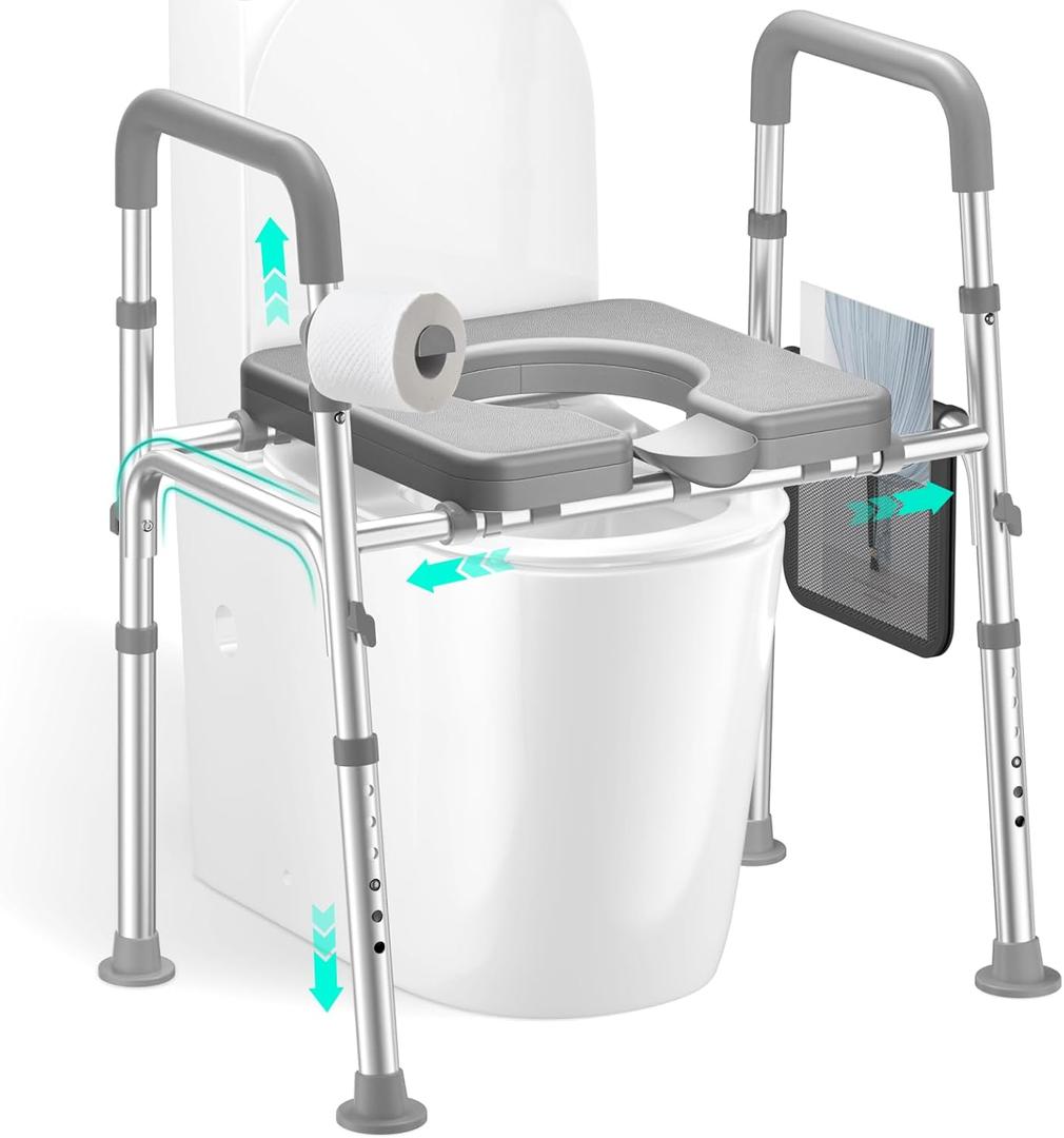 HOMEAL Raised Toilet Seat Riser with Handles for Seniors, 450LBS Heavy-Duty 3in1 Commode Chair for Disabled & Patients with Reinforced Frame & Protective Deflector, Built for Safety & Clean (Grey)